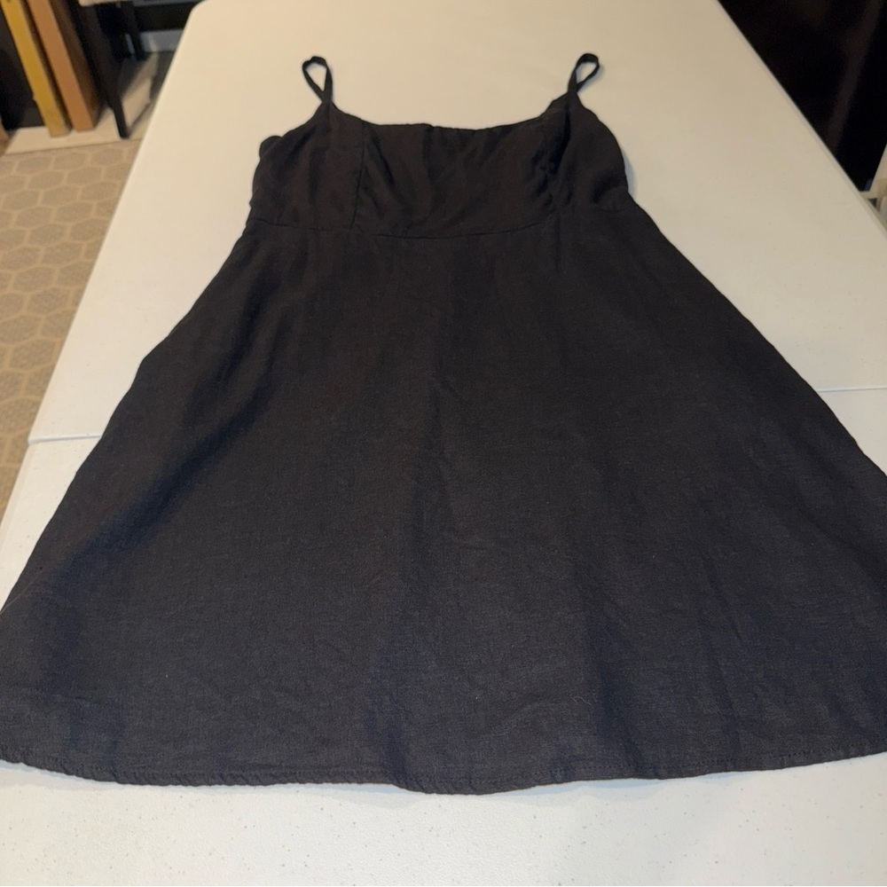 Old Navy Black Sundress Women Sz L  Black Linen Adjustable Straps Dress Pockets